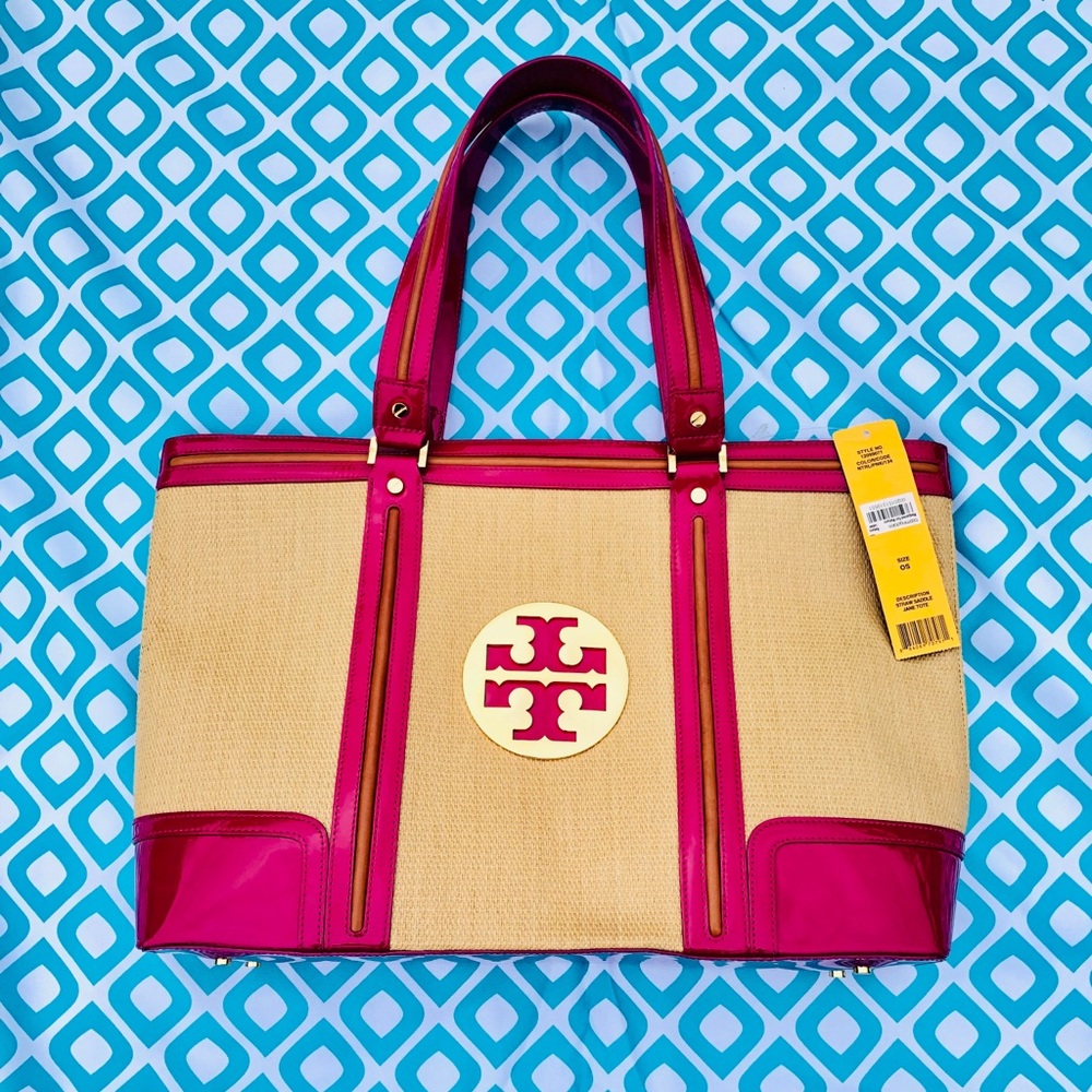 Tory Burch Straw and Patent Leather Tote